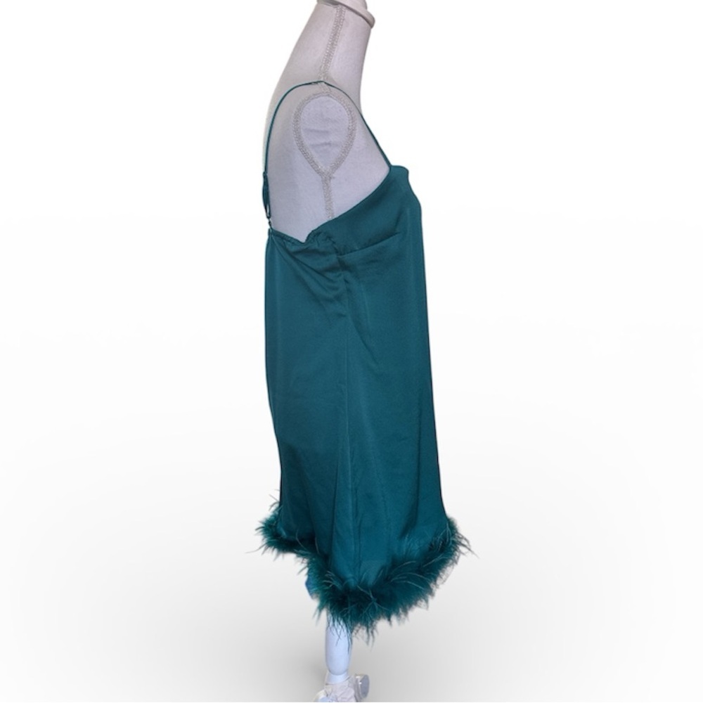 Teal Slip Dress with Feather Trim Size Large - Picture 2 of 4